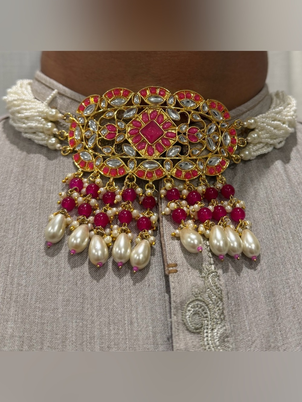 Hot Pink Kundan Choker Set with Jhumka Earrings & Tikka Punjabi Wedding Jewelry